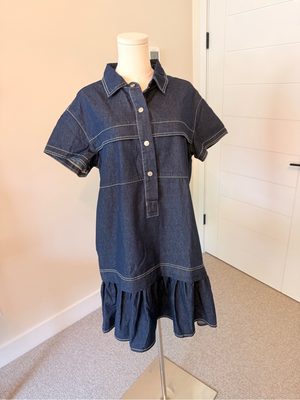 Dark Blue Denim Mini Dress with Ruffle Hem - Picture 3 of 12